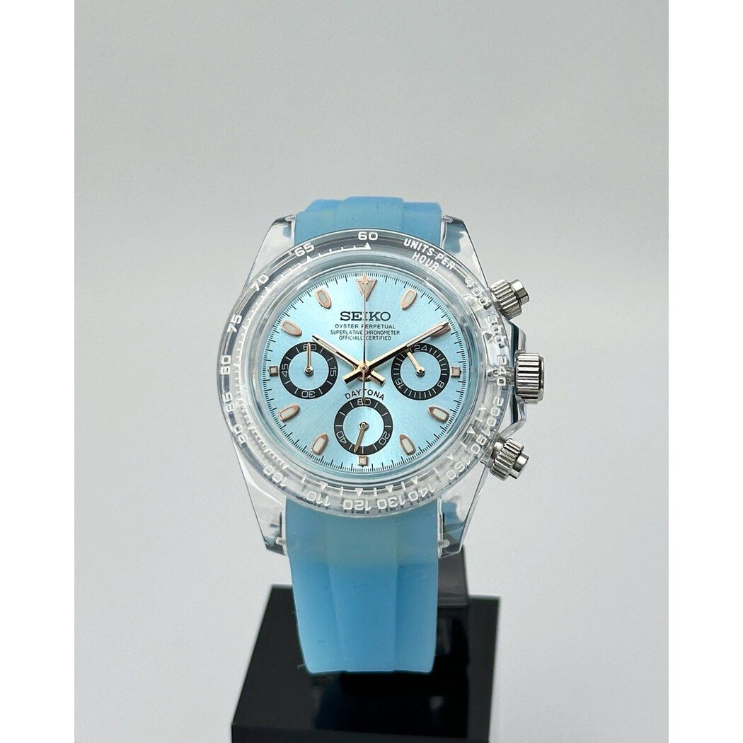 Custom Seiko Mod • Ice Blue Clear Plastic Daytona Rose Gold Trim Quartz Chronograph • 39.5mm